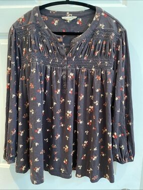 Lucky Brand Soft Washed Grayish Brown Smocked Yoke Long-Sleeve Tunic